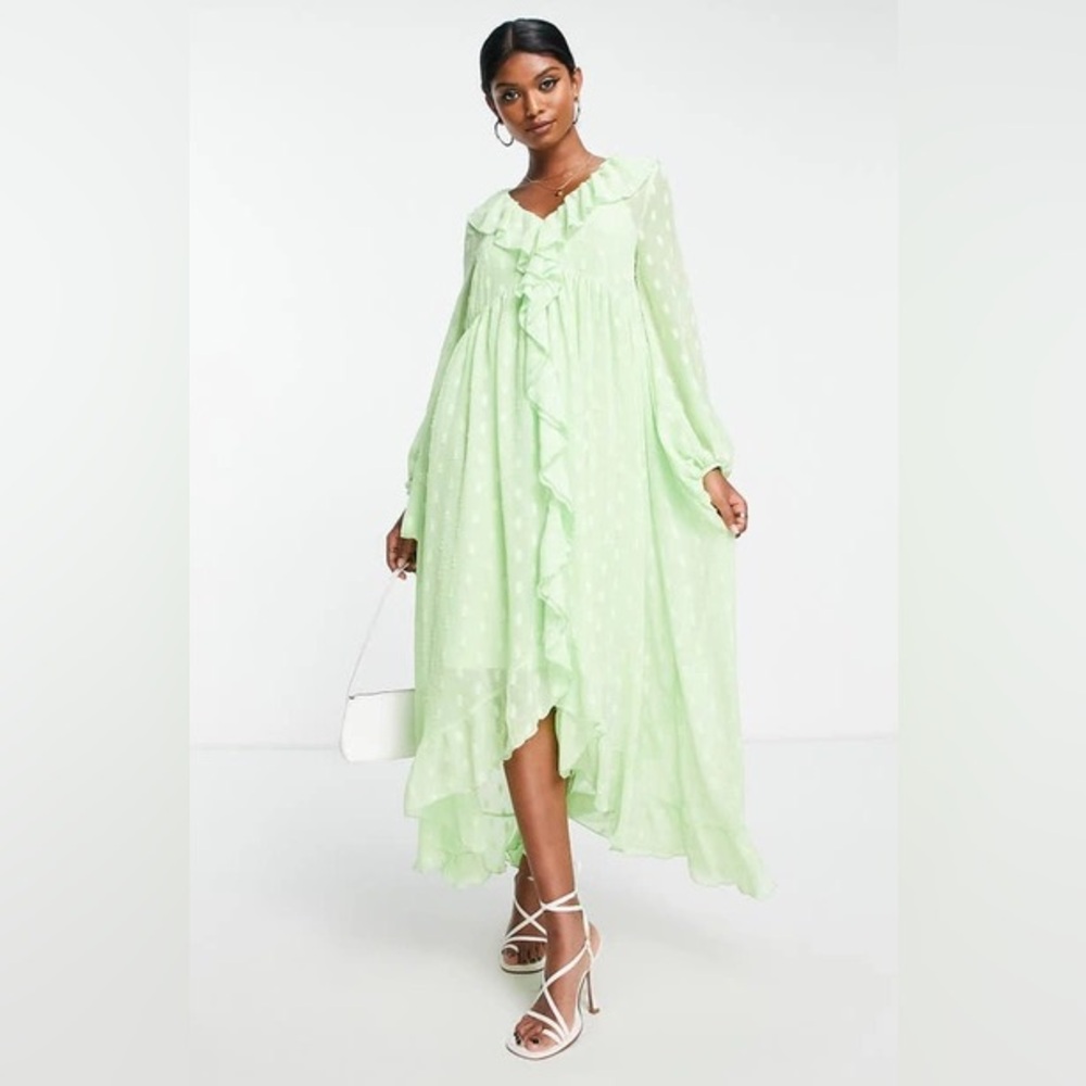 ASOS DESIGN long sleeve ruffle front textured midi dress in green